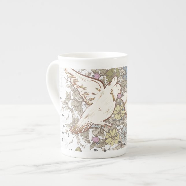 Taza De Porcelana Aves de amor antiguas, dos palomas blancas con flo (Izquierda)