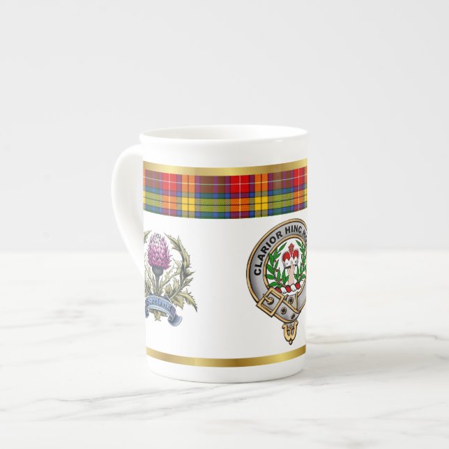 Taza De Porcelana Badge Buchanan Clan Tartan & Motto (Izquierda)