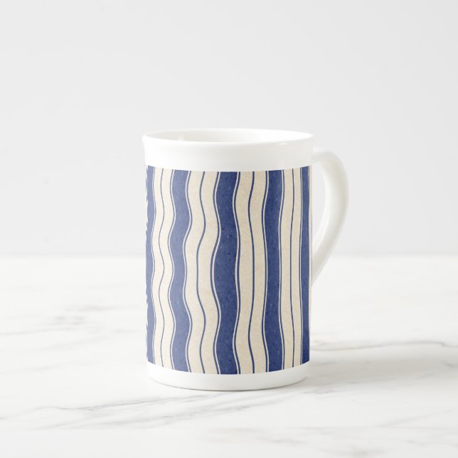 Taza De Porcelana Bandas azul y blanco onduladas (Derecha)