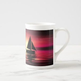 Taza De Porcelana Barco Al Atardecer, Fondo Del Mar Y Del Naranja