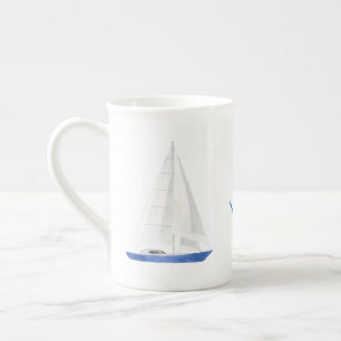 Taza De Porcelana Barco de Vela y Ancla Náutica Azul