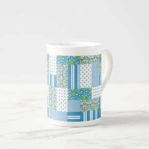 Taza De Porcelana Blue Morning Glory Faux Patchwork Bone China Mug