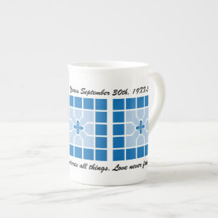 Taza De Porcelana Boda Aniversario Azul Geométrico Con Nombre