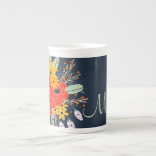 Taza De Porcelana Bouquet floral moderno monograma azul