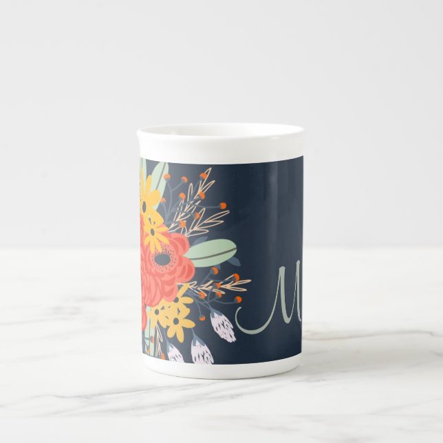 Taza De Porcelana Bouquet floral moderno monograma azul (Frente)