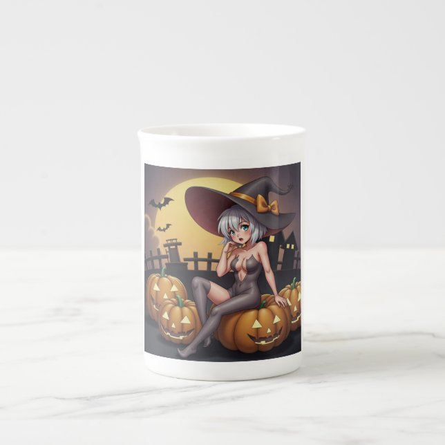 Taza De Porcelana Bruja de Halloween con ojos verdes sobre Jack-O-La (Frente)