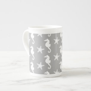 Taza De Porcelana caballito de mar y pez estrella - blanco sobre gri