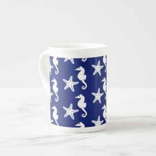 Taza De Porcelana Caballo de mar y pez estrella - azul marino y blan