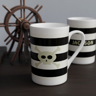 Taza De Porcelana Calavera y cruces Pirata franjas blancas negras