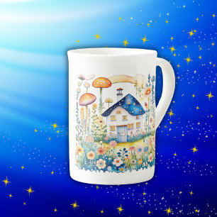 Taza De Porcelana Casa Monogramada Cottagecore con hongos