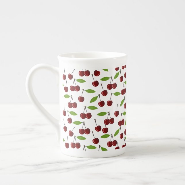 Taza De Porcelana Cerezo Rojo, Patrón De Cerezas, Hojas, Fruta (Izquierda)