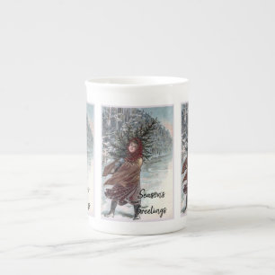 Taza De Porcelana Chica de época con árbol de Navidad