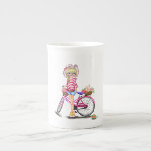 Taza De Porcelana Chica rubio con bicicleta rosa y gato en flores