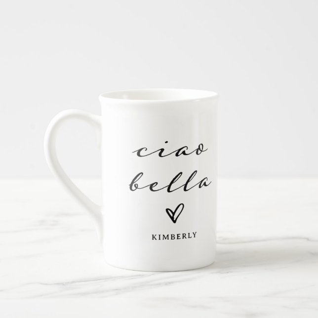 Taza De Porcelana Ciao Bella | Escritura italiana moderna con corazó (Izquierda)