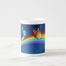 Taza De Porcelana Cielo nocturno, dos pájaros, mariposas y arcoiris