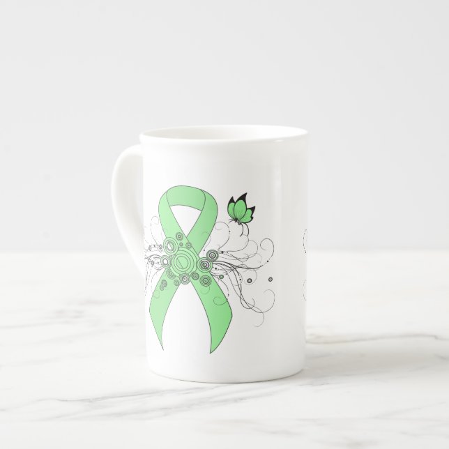 Taza De Porcelana Cinta verde claro con mariposa (Izquierda)