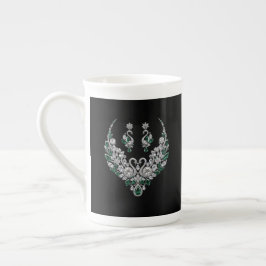Taza De Porcelana Cisnes de Cristal Esmeralda | Joyería de Lujo