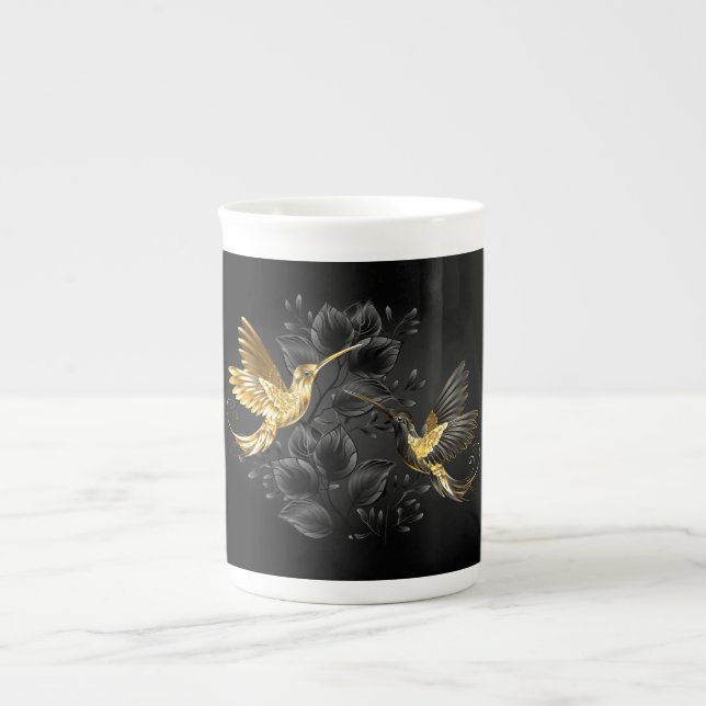 Taza De Porcelana Colibrí negro y dorado (Frente)