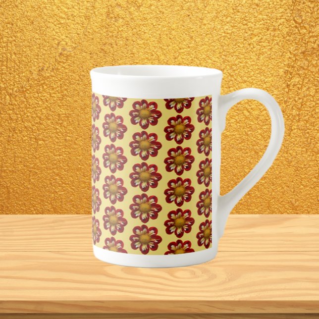 Taza De Porcelana Collarette roja Dahlia patrón floral amarillo (In Situ)