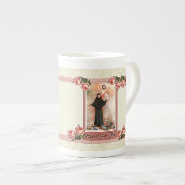 Taza De Porcelana Copa de Té de Santa Faustina Divina Mercy BONE (Derecha)