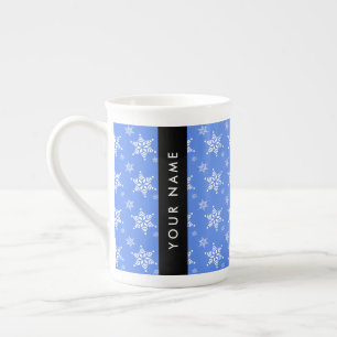 Taza De Porcelana Copos de nieve blancos, azul, tu nombre, personali