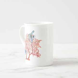 Taza De Porcelana Coral rojo con los pescados tropicales, acuarela
