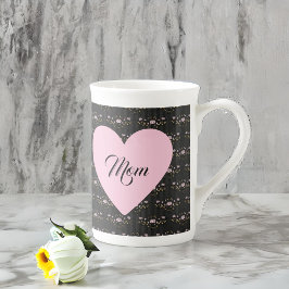 Taza De Porcelana Corazón de Día de la Madre de mamá en floral negra