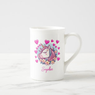 Taza De Porcelana Corazón y flores rosas, unicornio corto, nombre pe