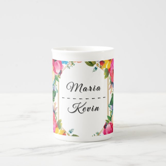 Taza De Porcelana Corona floral de boda colorida (Frente)