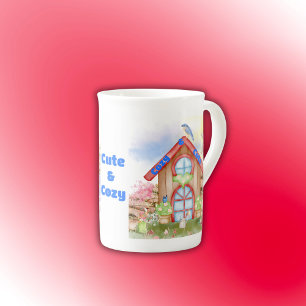 Taza De Porcelana Cottagecore Cosmo y Cuto colorido sobre blanco