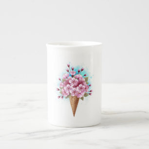 Taza De Porcelana Crema rosa de hielo Sakura Waffle Cone