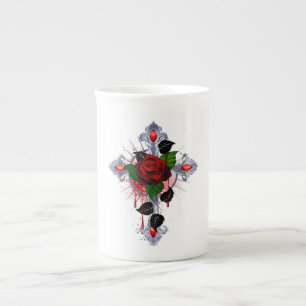 Taza De Porcelana Cruz de Plata con una Rosa Roja