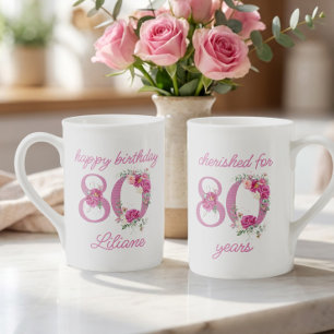 Taza De Porcelana Cumpleaños 80 Atesorado durante 80 Años Número Flo