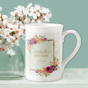 Taza De Porcelana Cumpleaños de mujer con flores vintage elegantes