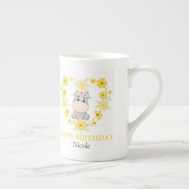 Taza De Porcelana Cute Hipopótamo Flor Amarilla Cumpleaños (Derecha)