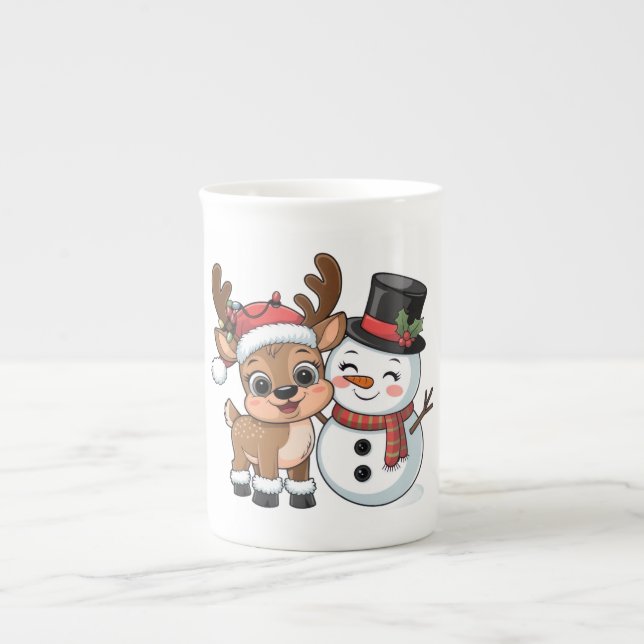 Taza De Porcelana Cute Holiday Reindeer & Snowman (Frente)
