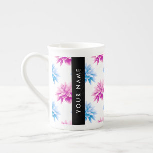 Taza De Porcelana Dalia rosa y azul, patrón floral, tu nombre
