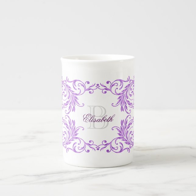 Taza De Porcelana Damasco de la violeta del monograma (Frente)