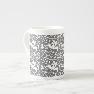Taza De Porcelana Damasco floral de Ikat - gris / gris y blanco