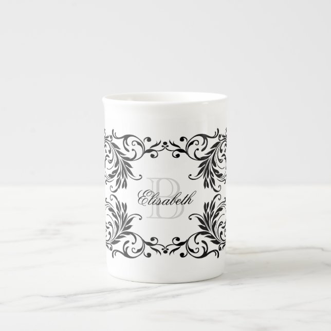 Taza De Porcelana Damasco negro del monograma (Frente)
