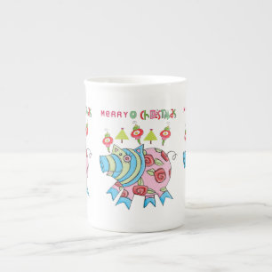 Taza de porcelana de hueso Feliz Navidad Cerdo