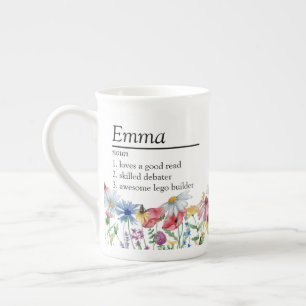 Taza De Porcelana Definición de nombre con borde de flores silvestre