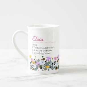 Taza De Porcelana Definición de nombre con borde de flores silvestre