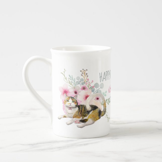Taza De Porcelana Delicada Bone China CALICO CAT MOM Cumpleaños MUG (Izquierda)
