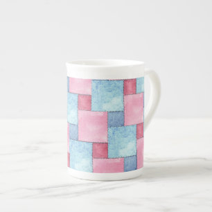 Taza De Porcelana Denim Patchwork Bone China Mug, Pinks, Blues