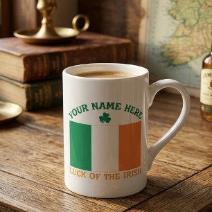 Taza De Porcelana Día de San Patricio Bandera de Irlanda Nombre Pers