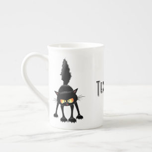 Taza De Porcelana Dibujo Animado de Gato Negro Divertido y Feroz