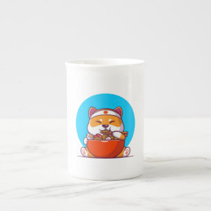 Taza De Porcelana Dibujo animado de Shiba Inu lindo comiendo fideos