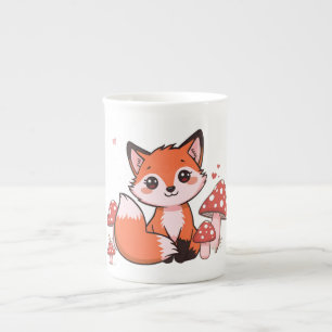 Taza De Porcelana Dibujo de zorro Kawaii lindo con hongos