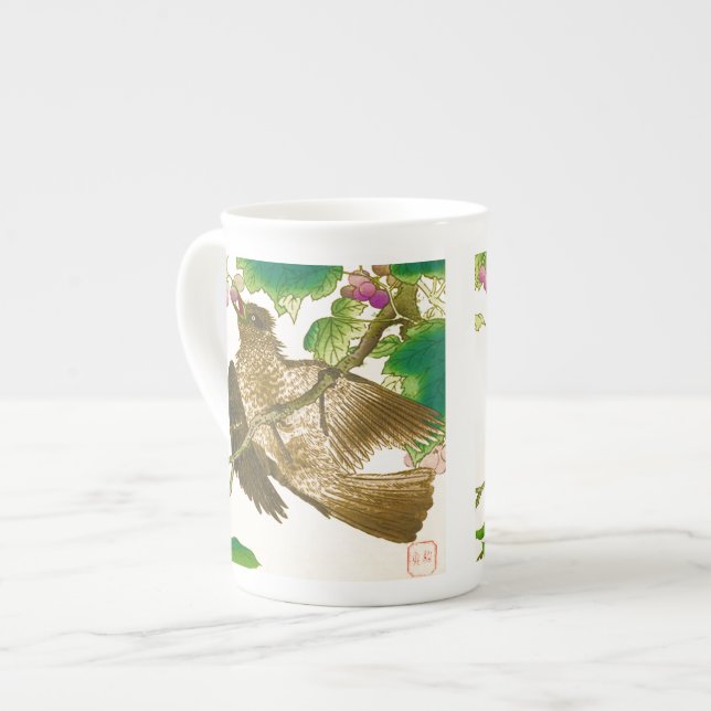 Taza De Porcelana Dibujo japonés de Jay en un vino de uva (Izquierda)